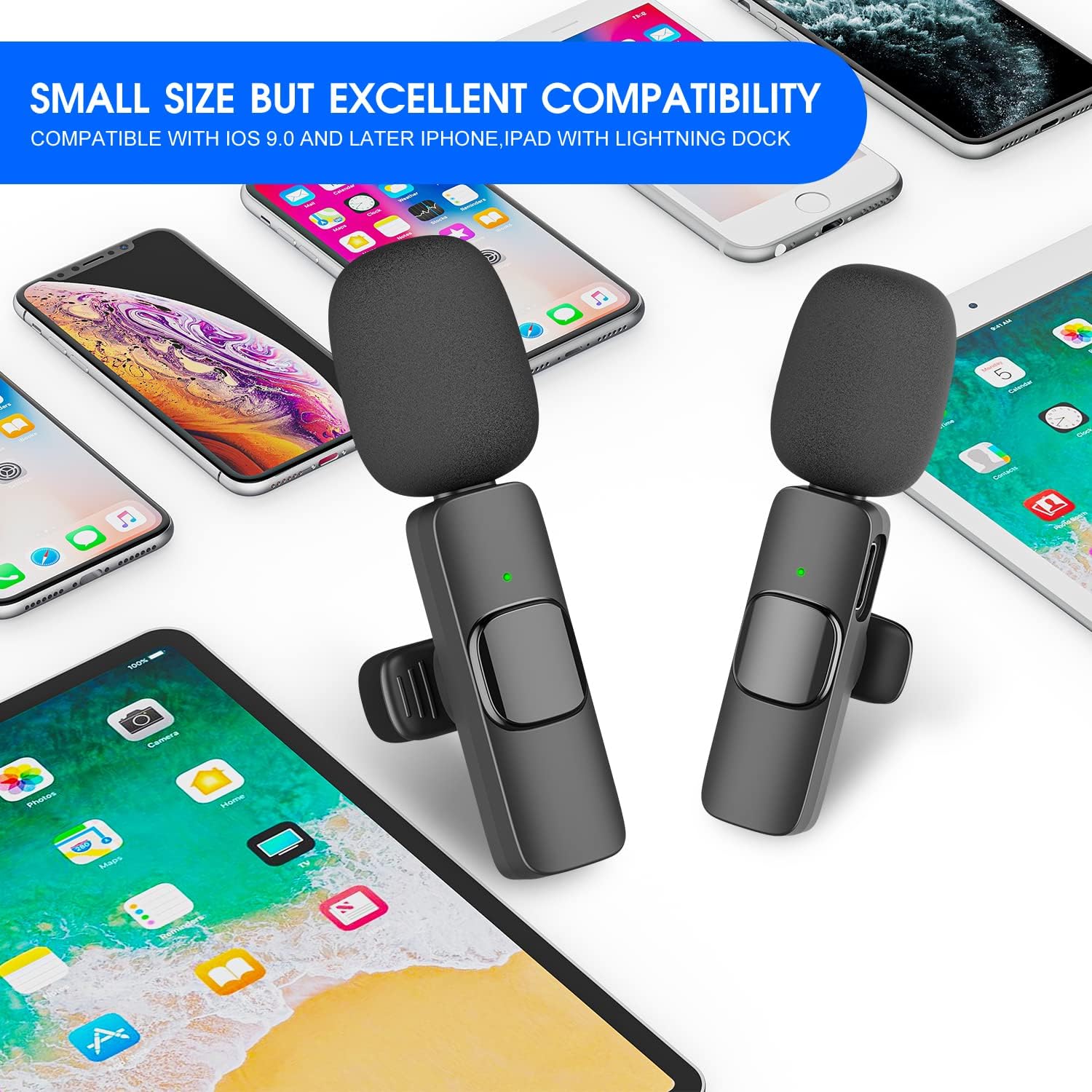 Paquete de 2 micrófonos Lavalier inalámbricos para iPhone iPad micrófonos de