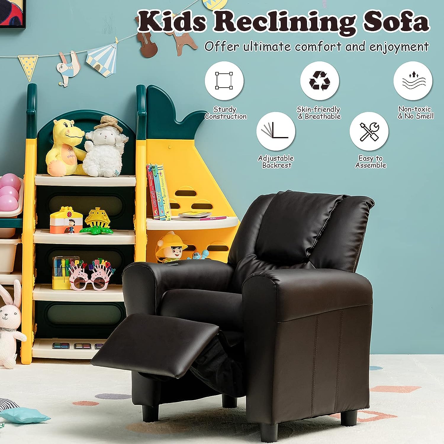 ReunionG Sofá reclinable para niños, sillón infantil con soporte para tazas,