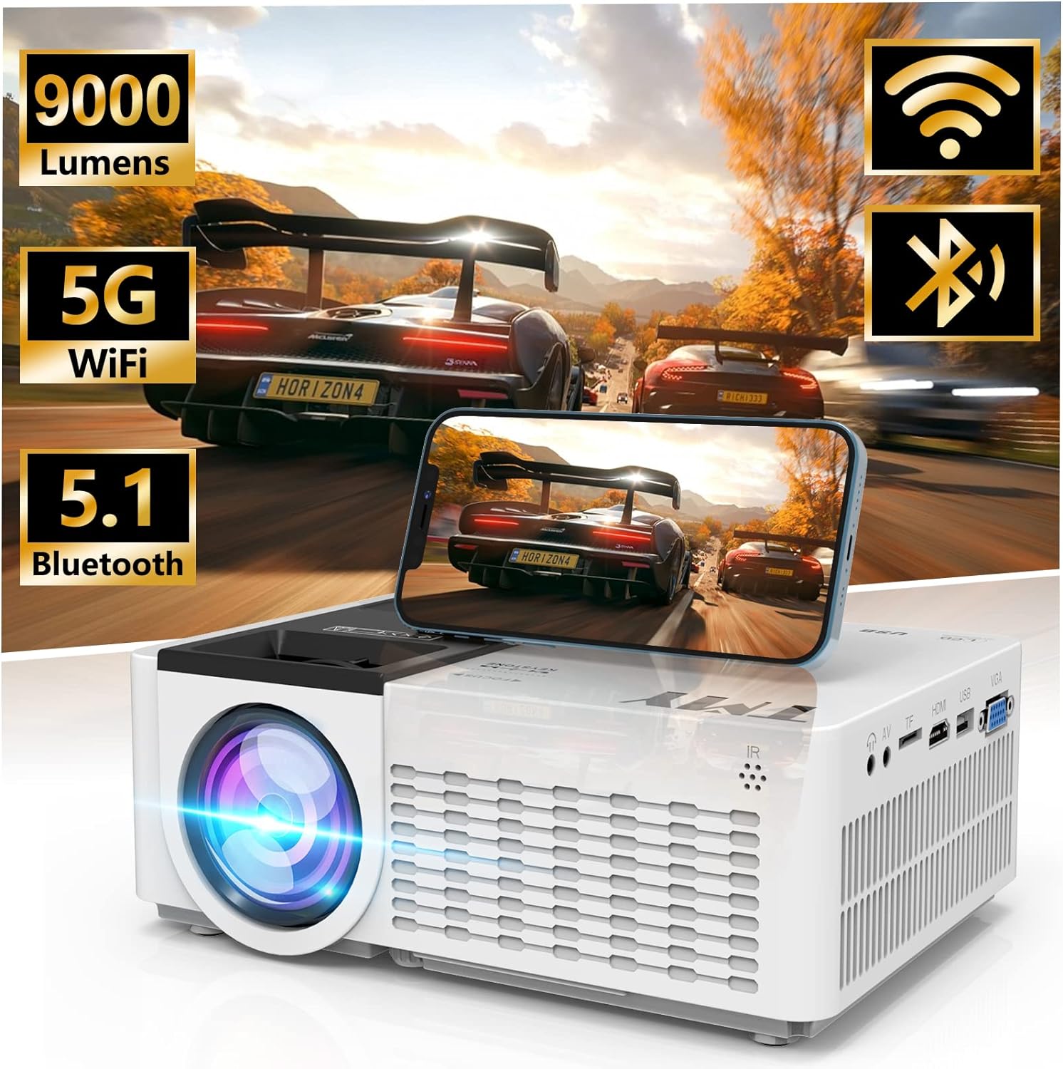 TMY Proyector WiFi 5G con Bluetooth 5.1, proyector de película HD de 9500  lúmenes, mini proyector compatible con 1080P, proyector portátil para