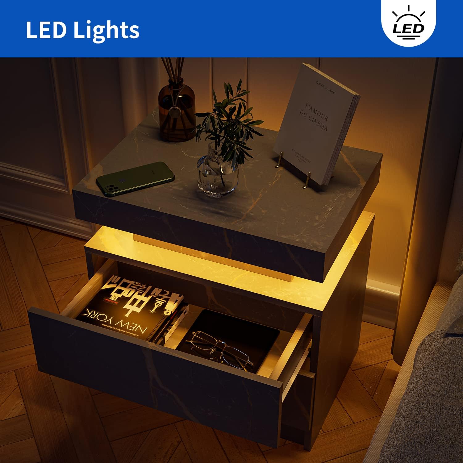 Generic Mesita de noche LED para mesita de noche con luces LED, mesa auxiliar