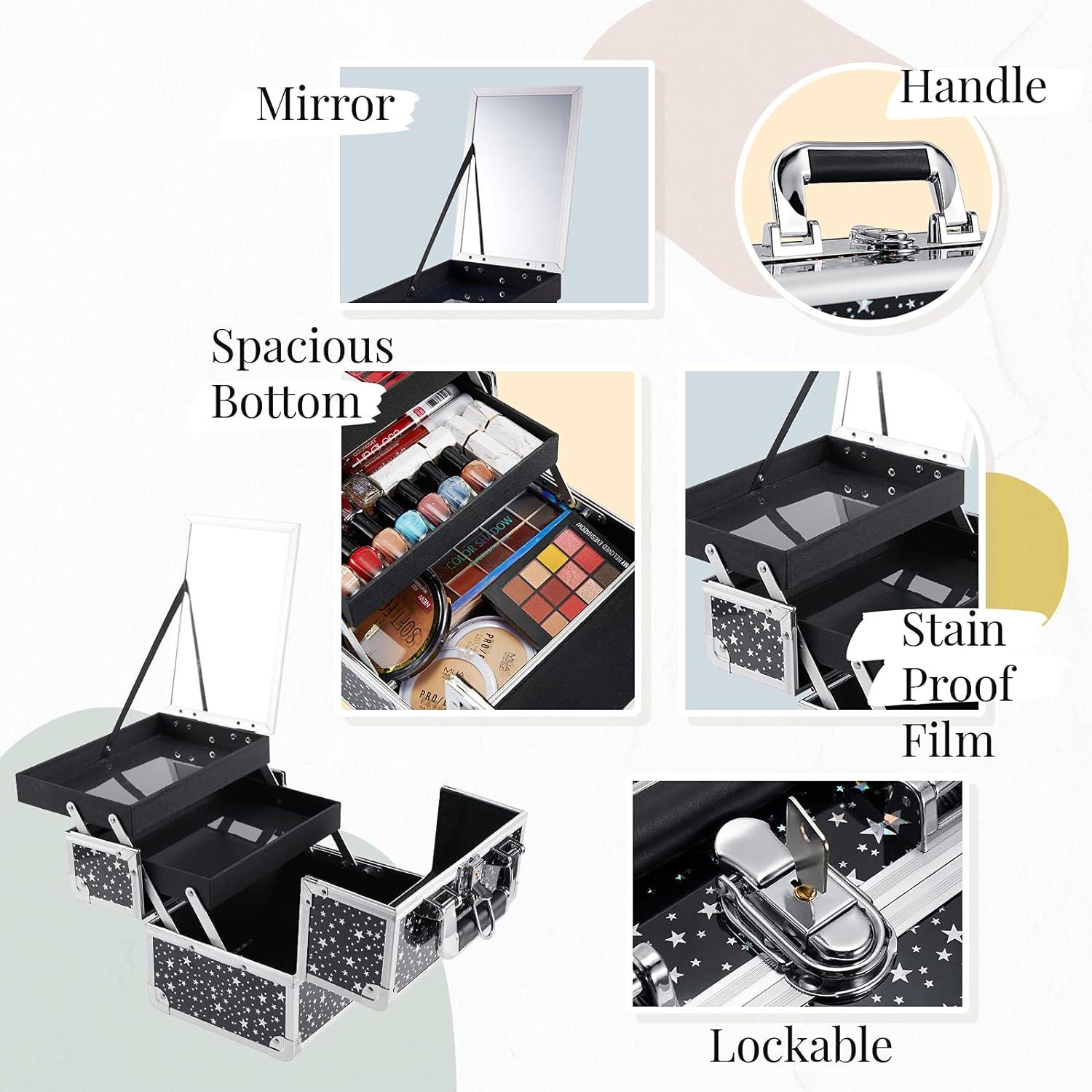 Joligrace Caja de maquillaje para cosméticos con espejo, organizador de  viaje, caja de almacenamiento de cosméticos con bandejas de aparejos de 2
