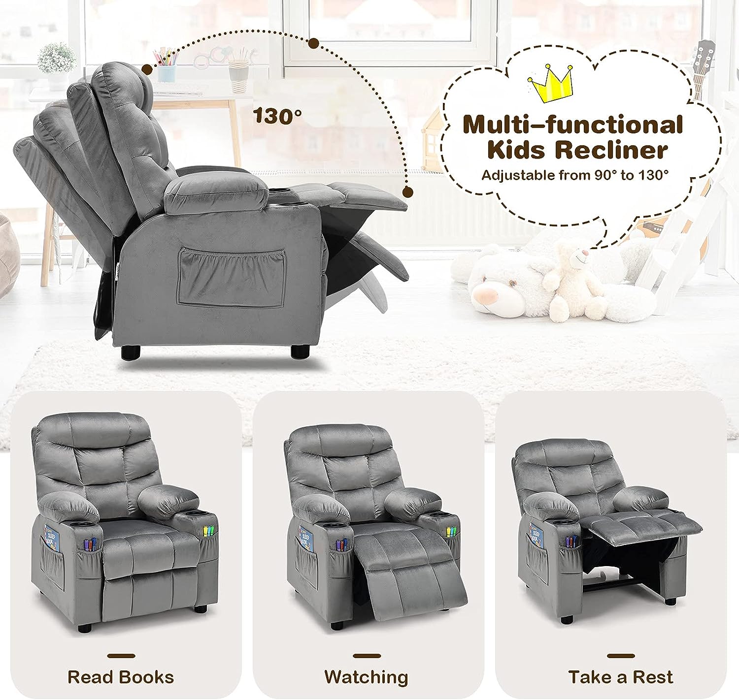 Silla reclinable para niños con soporte para tazas, silla de descanso de