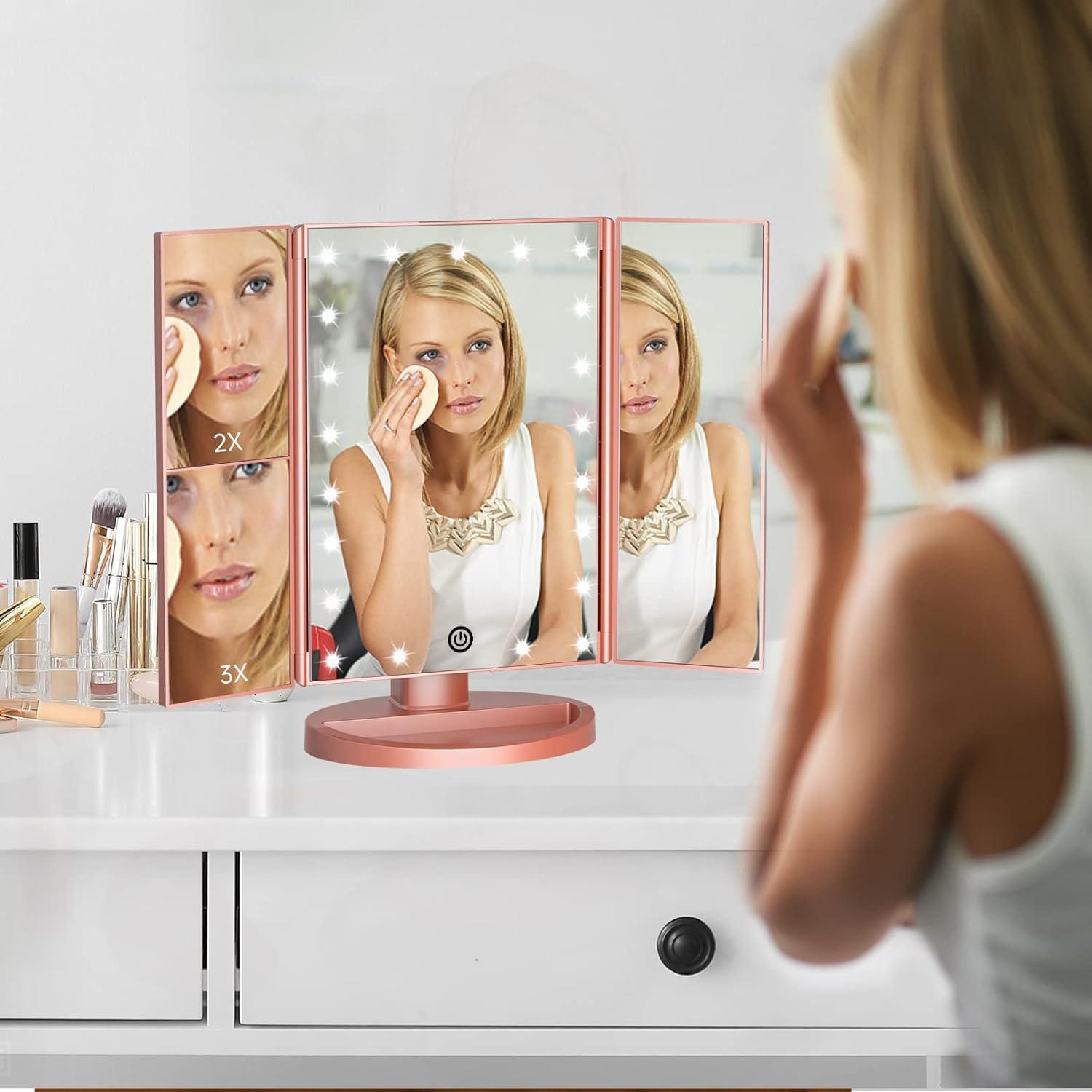 Espejo de maquillaje iluminado, espejo de tocador triple con 21 luces LED y - VIRTUAL MUEBLES