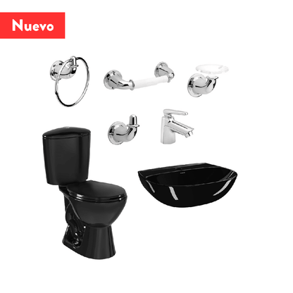 Combo Corona Sanitario Manantial Pro Redondo Botón Sin Pedestal Negro - VIRTUAL MUEBLES