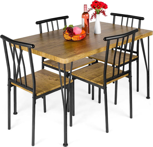 Juego de 5 muebles de mesa de comedor rectangulares modernos de metal y madera