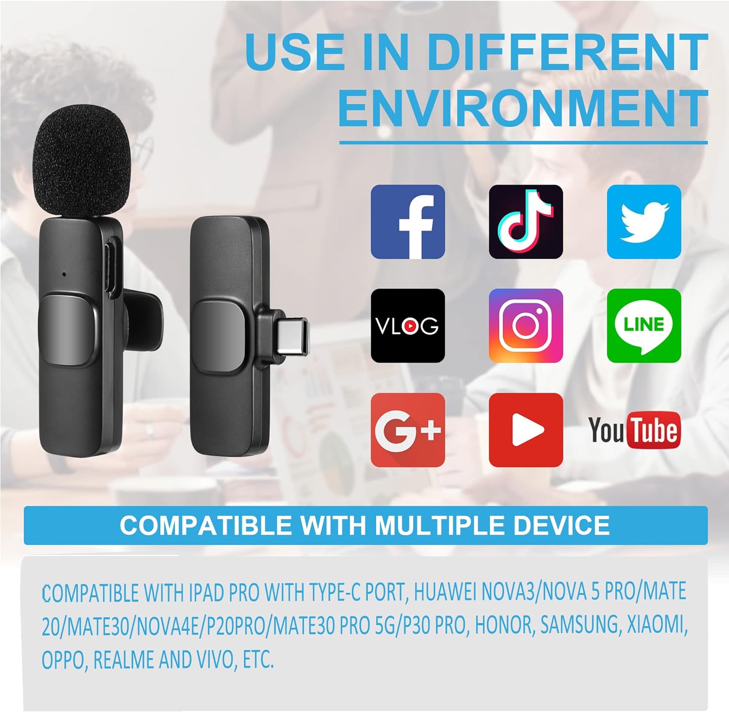 Sanpyl Micrófono Lavalier inalámbrico, para teléfono, PC, tableta, K8, USB  C, micrófono omnidireccional de 360 grados, Plug and Play, emparejamiento