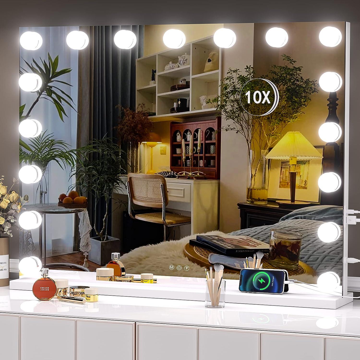 Hasipu Espejo de tocador con luces, espejo Hollywood de 31.5 x 23.6  pulgadas, espejo de maquillaje con 17 bombillas regulables y aumento de  10X, 3
