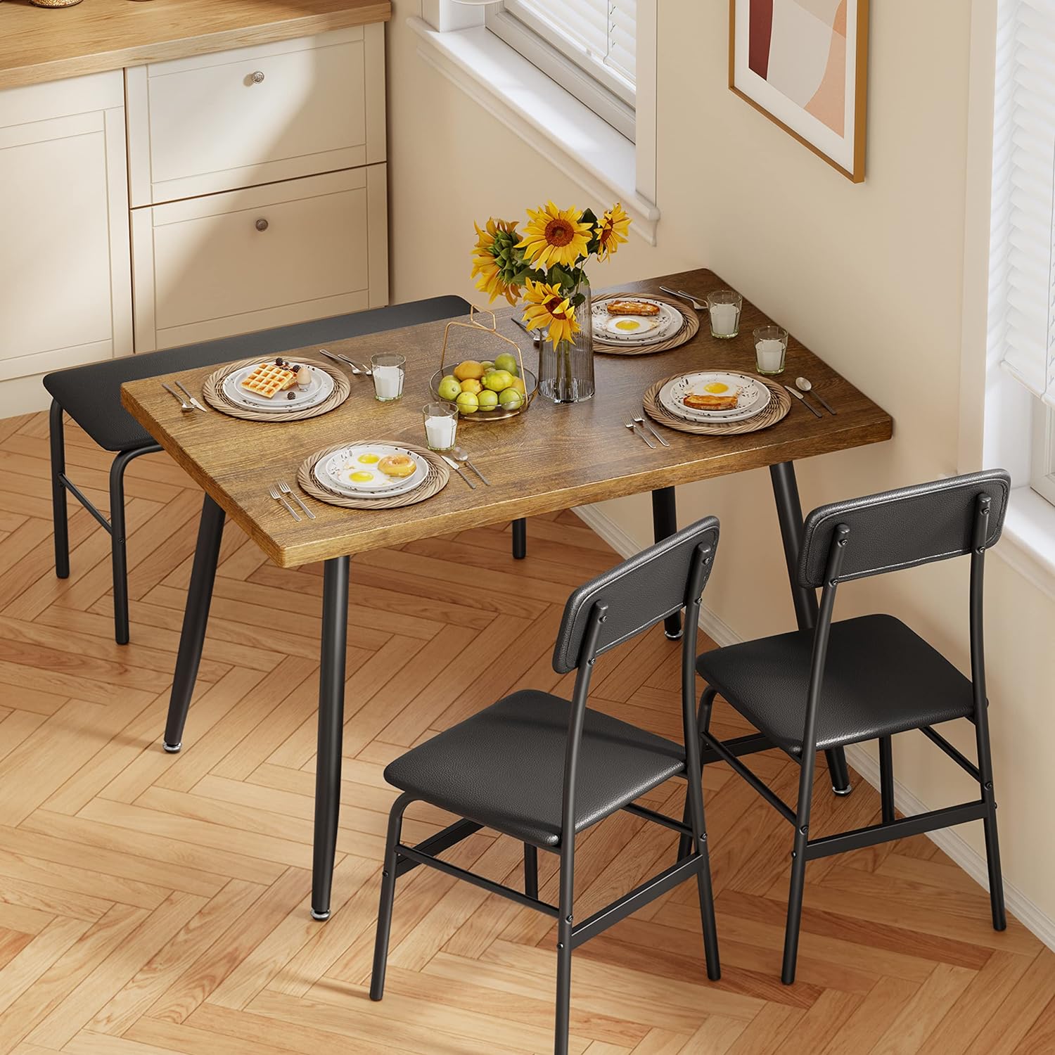 KOTEK Juego de mesa de comedor para 4, juego de mesa de cocina moderno con  2 bancos, juego de mesa de comedor de 3 piezas y banco para espacios
