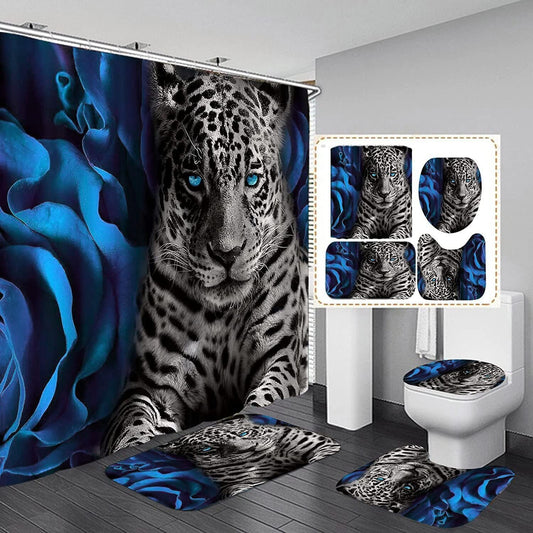 Juego de 4 cortinas de ducha con diseño de rosa azul y leopardo con alfombras