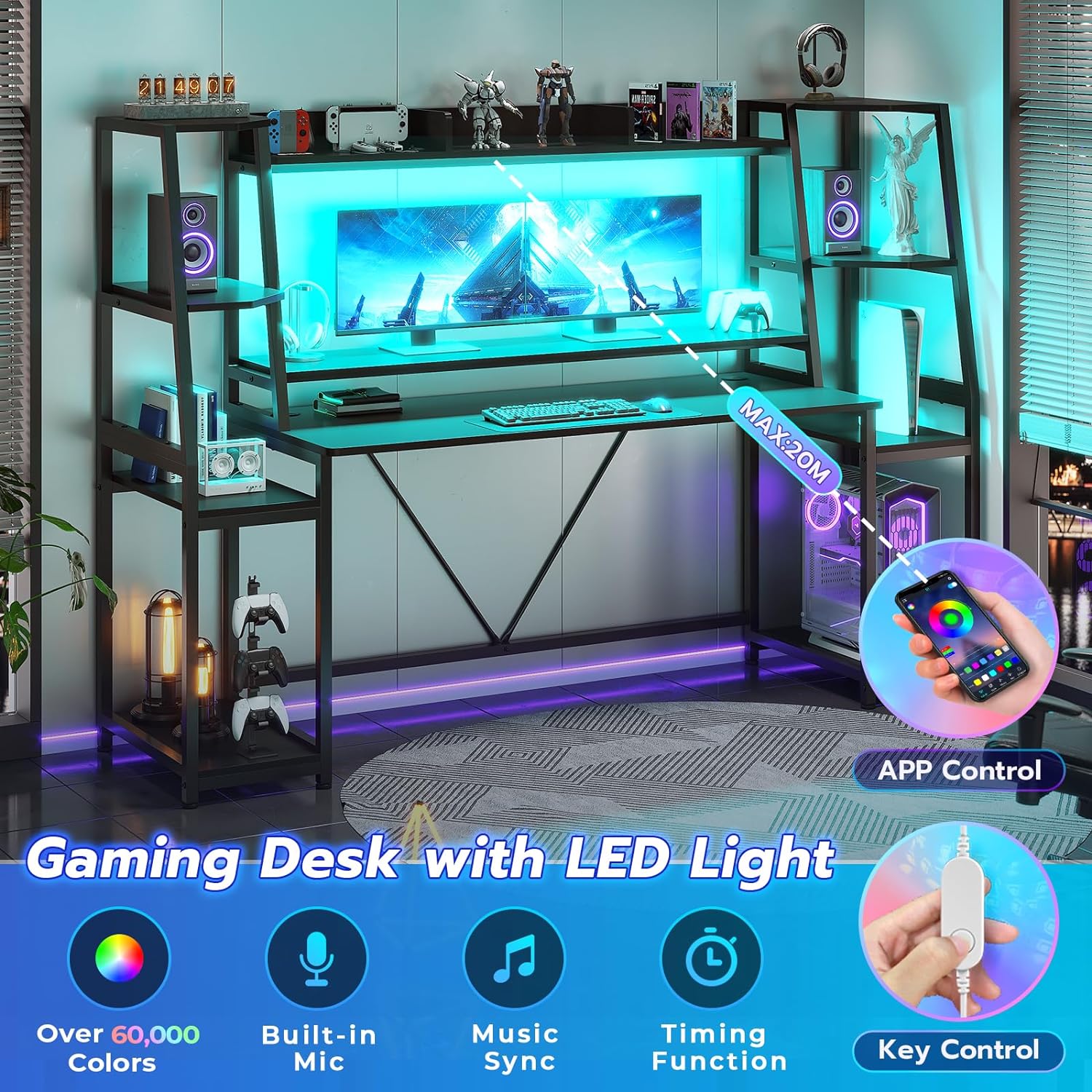 Escritorio para juegos de 60 pulgadas con luces LED RGB, escritorio gr -  VIRTUAL MUEBLES