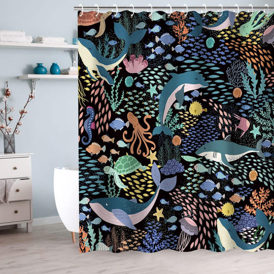 Cortina de ducha para niños, diseño de animales lindos con ganchos bajo el mar, - VIRTUAL MUEBLES