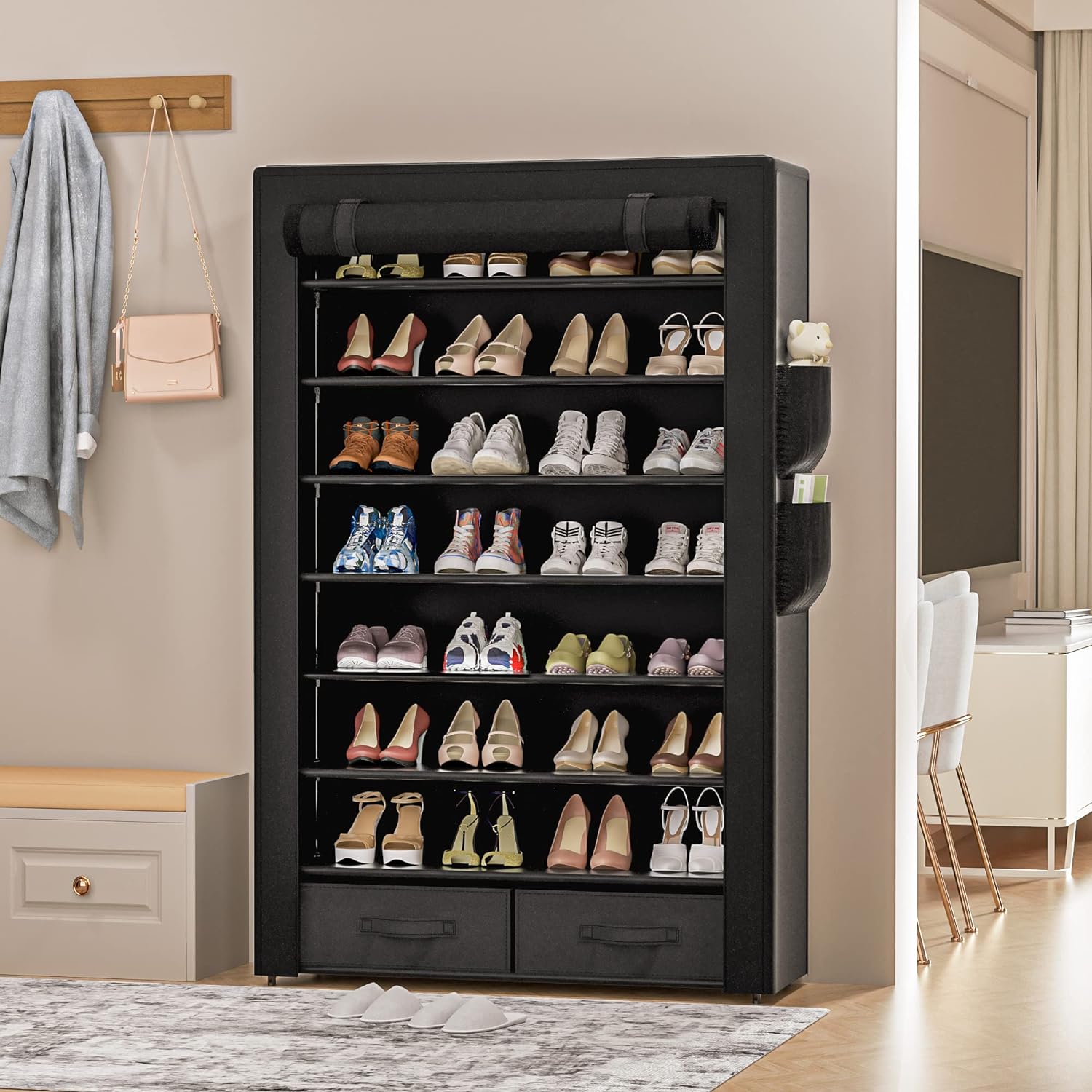 OYREL Zapatero de almacenamiento para 32 pares, organizador alto para  zapatos, estantes grandes de pie, soporte vertical negro con tapa, armario  de