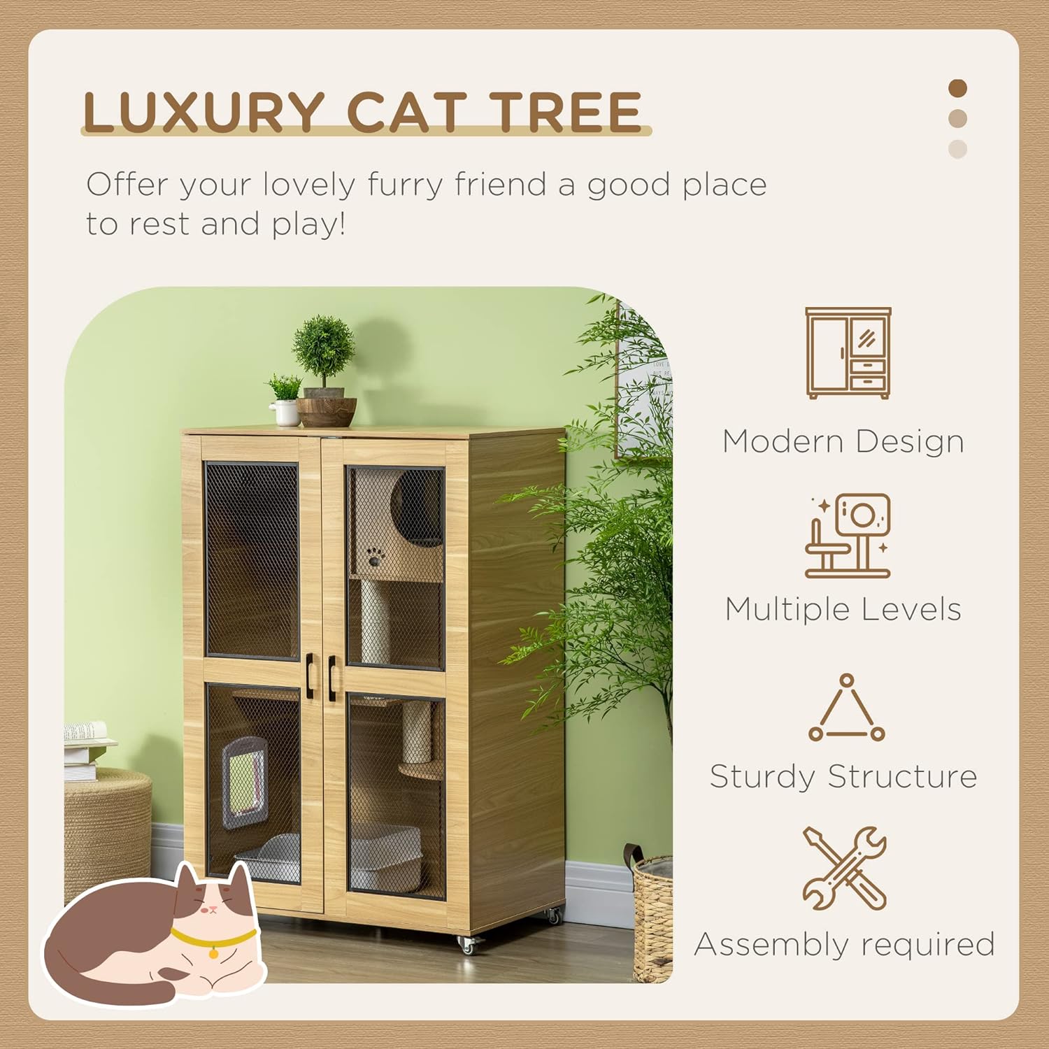 PawHut Casa para gatos con árbol para gatos en el interior, jaula con ruedas