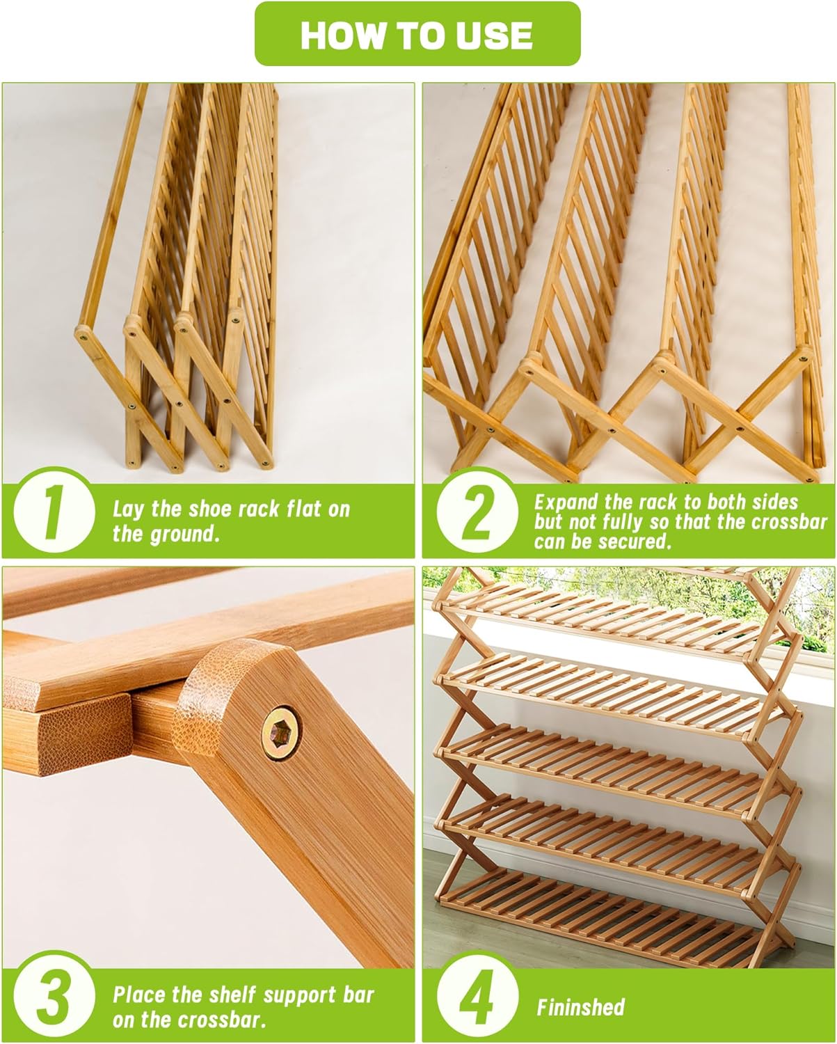 Zapatero plegable de bambú, no requiere instalación, diseño ventilado,
