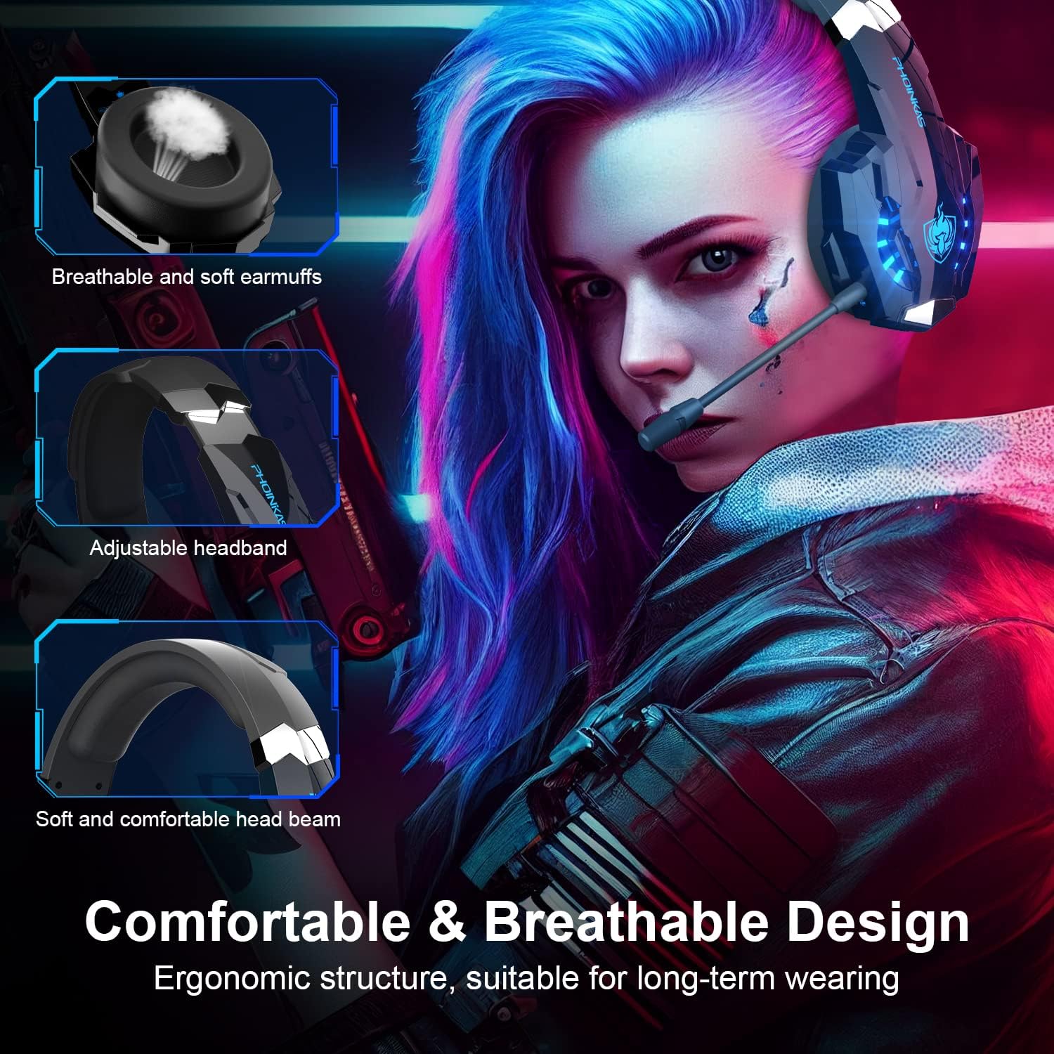 PHOINIKAS Auriculares inalámbricos para juegos de 2.4G para PS4, PS5, PC,  Nintendo Switch, auriculares inalámbricos sobre la oreja con micrófono