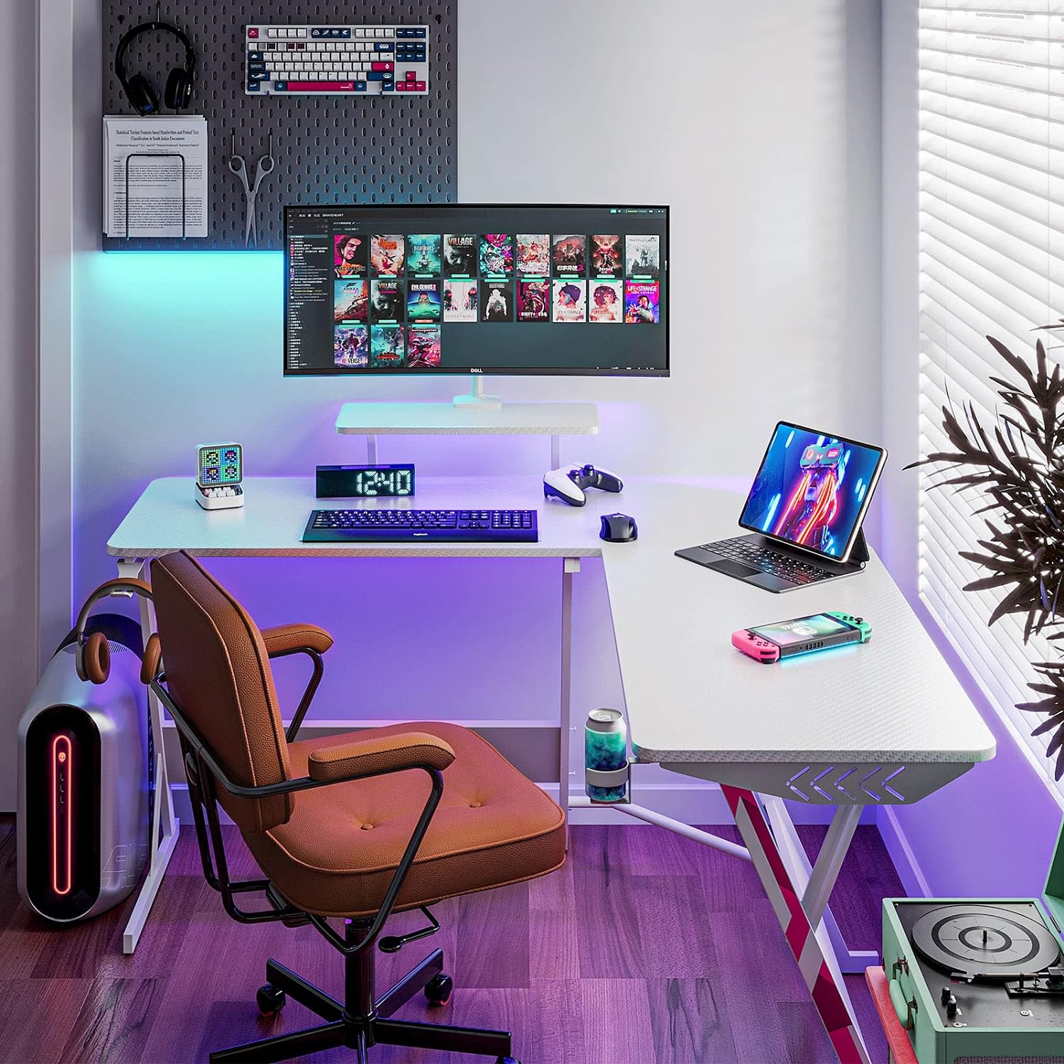 MOTPK Escritorio rosa para juegos con luces LED, escritorio de fibra de  carbono en forma de L, mesa de juegos esquinera en forma de L, escritorio  para