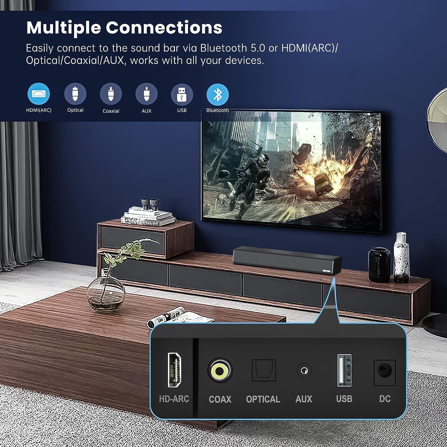 Barra de sonido pequeña para TV, barra de sonido con conexión Bluetooth  5.0/HDMI/óptica/USB/AUX/coaxial, barras de sonido de 50 vatios y 16  pulgadas