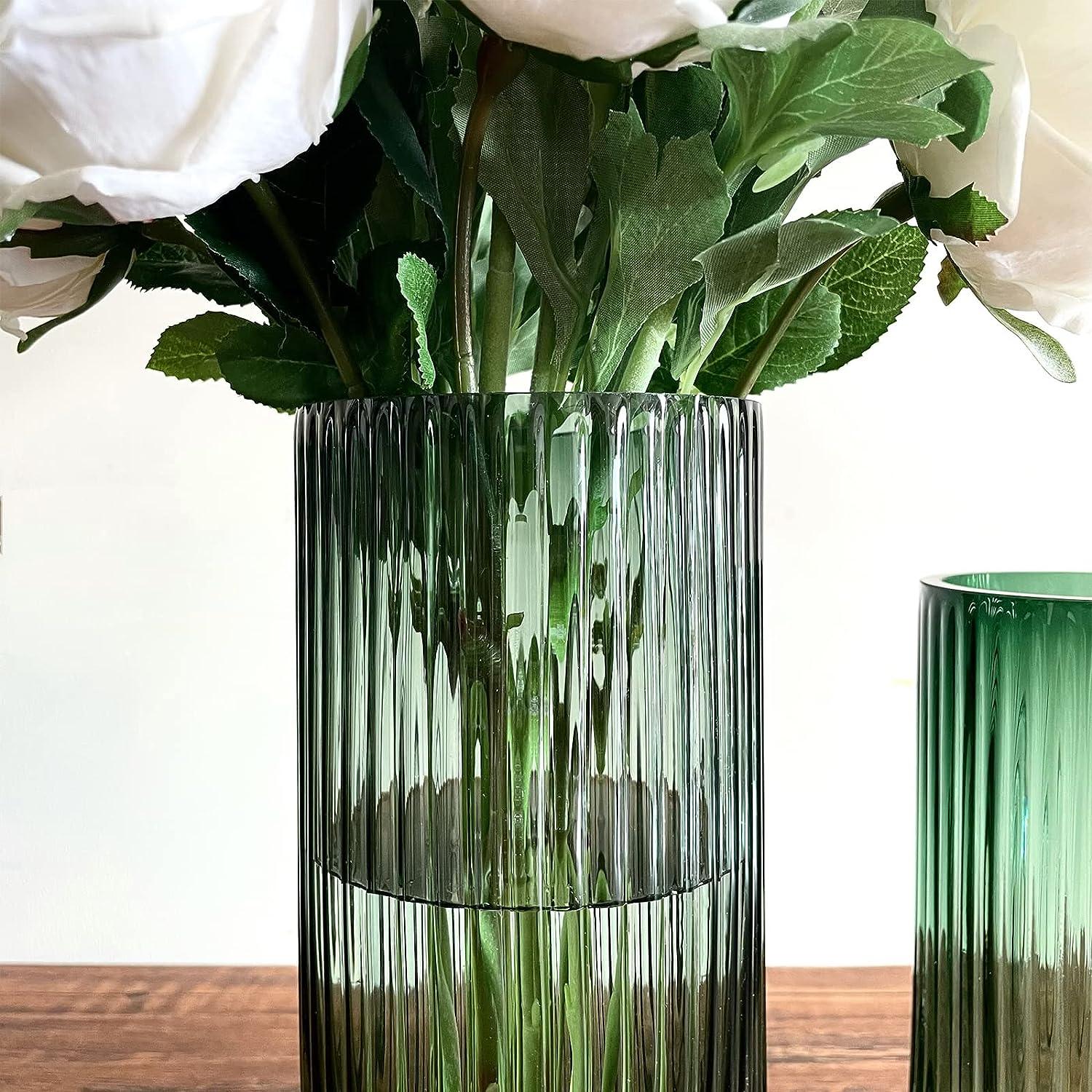 Florero de cristal acanalado de boca ancha soplado a mano para decoración de