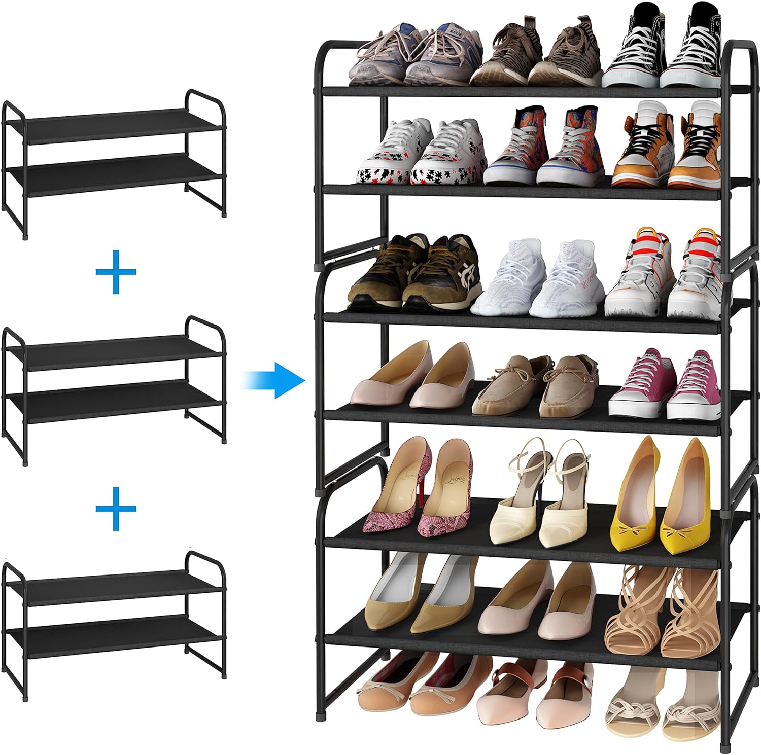 Zapatero apilable de 2 niveles, organizador de almacenamiento de estante de  zapatos de metal, color negro