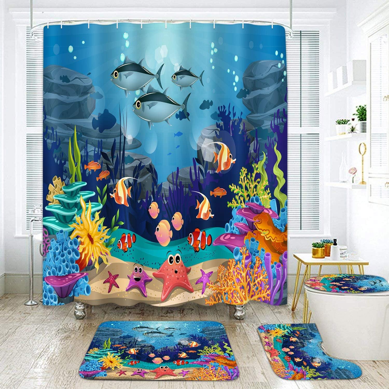 Juego de cortinas de ducha de 4 piezas, peces azules con alfombras - VIRTUAL MUEBLES