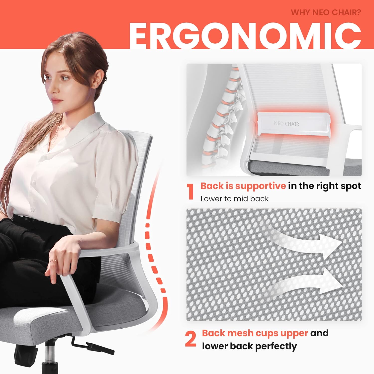 Silla giratoria de escritorio de oficina de malla ergonómica, apoyo lumbar