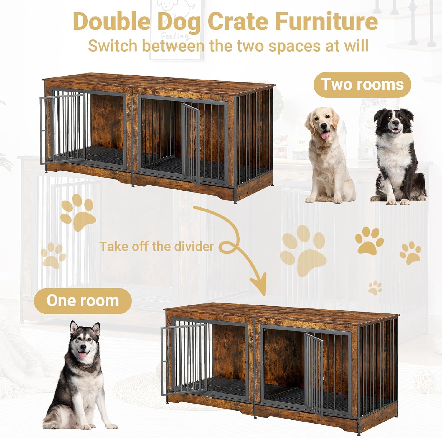 Mueble doble para perros de 75 pulgadas para 2 perros grandes, jaula resistente