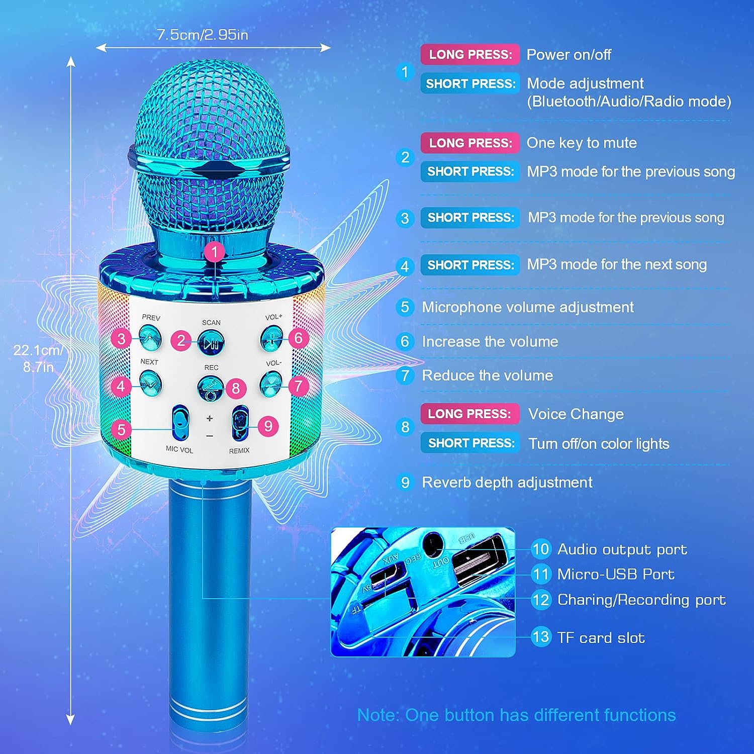 Paquete de 2 micrófonos inalámbricos Bluetooth para karaoke, 5 en 1, portátil,
