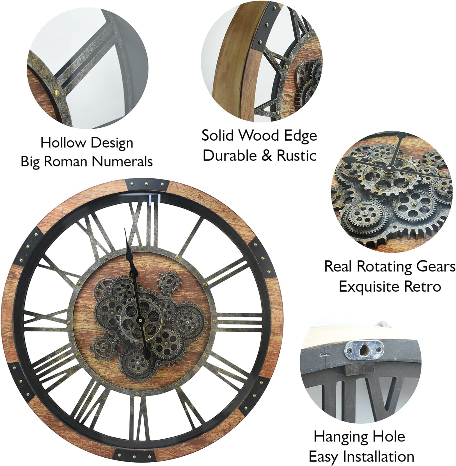 Reloj de pared grande de 27 pulgadas con engranajes móviles reales con  cubierta de vidrio templado, reloj de pared rústico decorativo gigante para