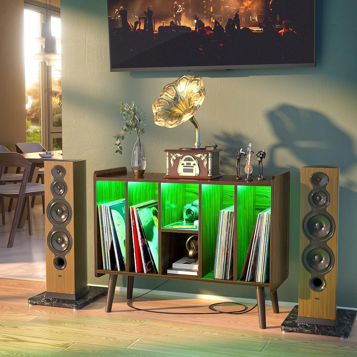 Unikito Soporte para tocadiscos vintage con luz LED y toma de corriente,  mesa de almacenamiento de discos de vinilo con 6 gabinetes, mesa de