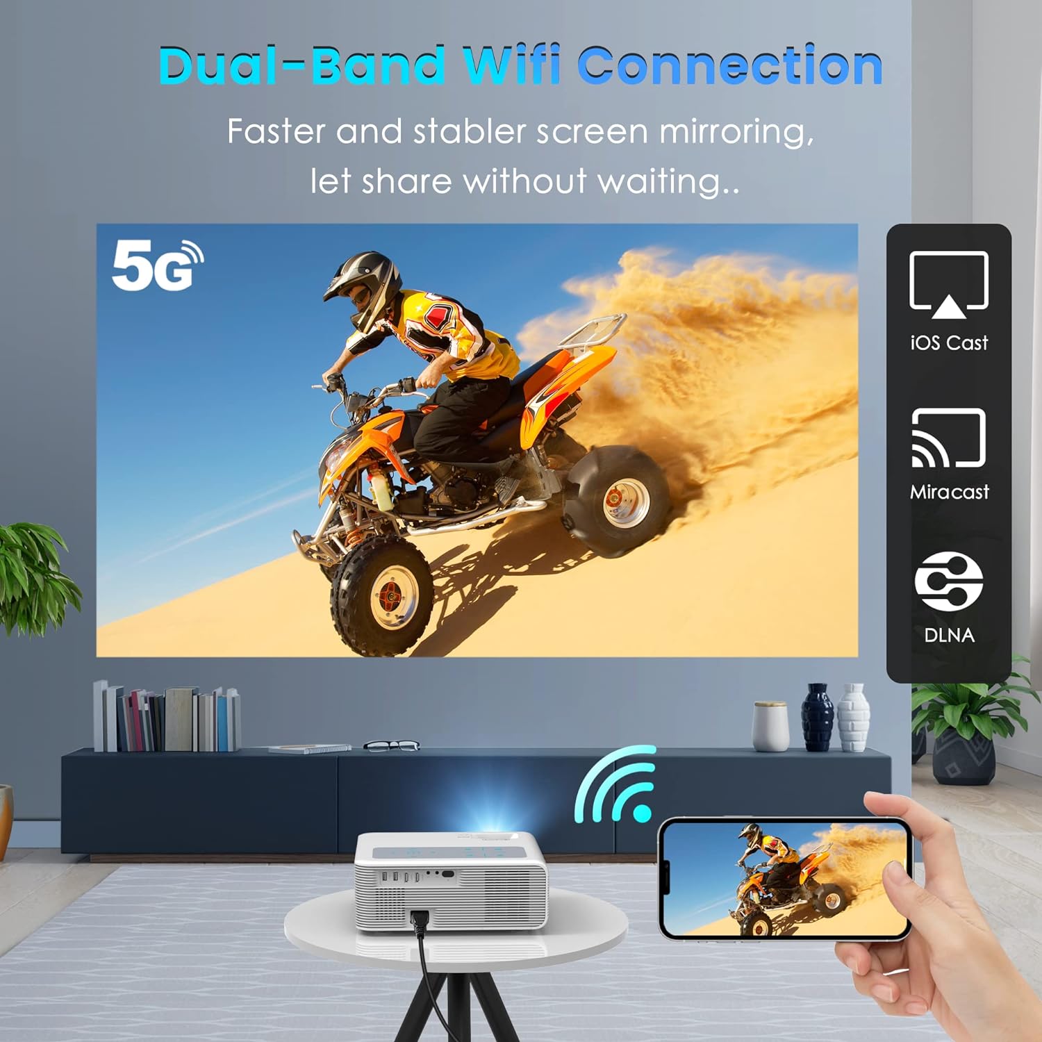 Proyector 5G WiFi 1080P compatible con 4K 800 ANSI HD película para exteriores