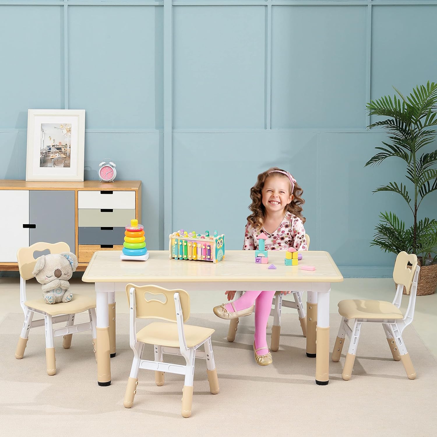 Juego de mesa y silla, escritorio de altura ajustable con 4 asientos para niños