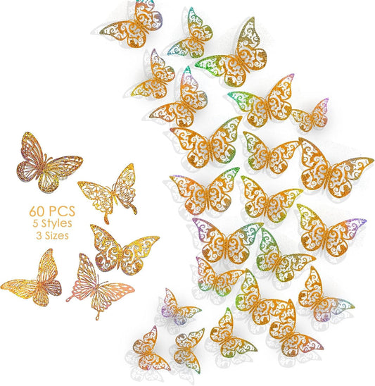 Decoración de pared de mariposa 3D, 60 unidades, 5 estilos, 3 tamaños, diseño - VIRTUAL MUEBLES