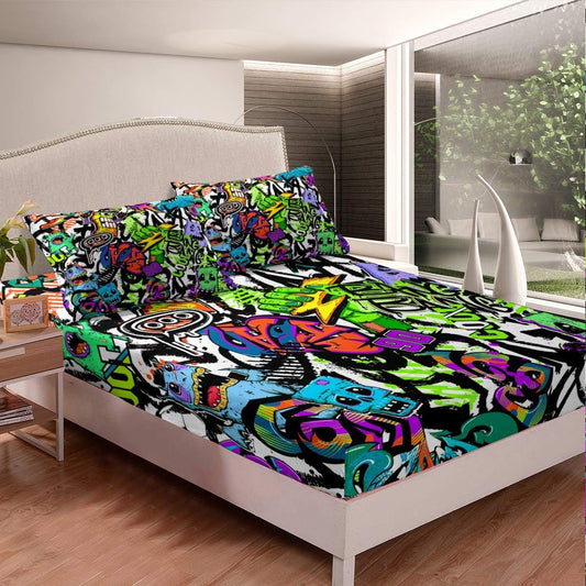 Juego de ropa de cama estilo hippie de graffiti hip hop, juego de sábanas para