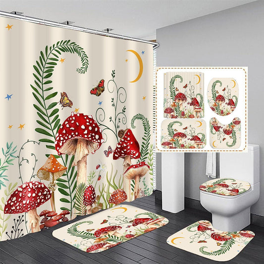 Juego de 4 cortinas de ducha con diseño de hongos y mariposas con alfombras - VIRTUAL MUEBLES
