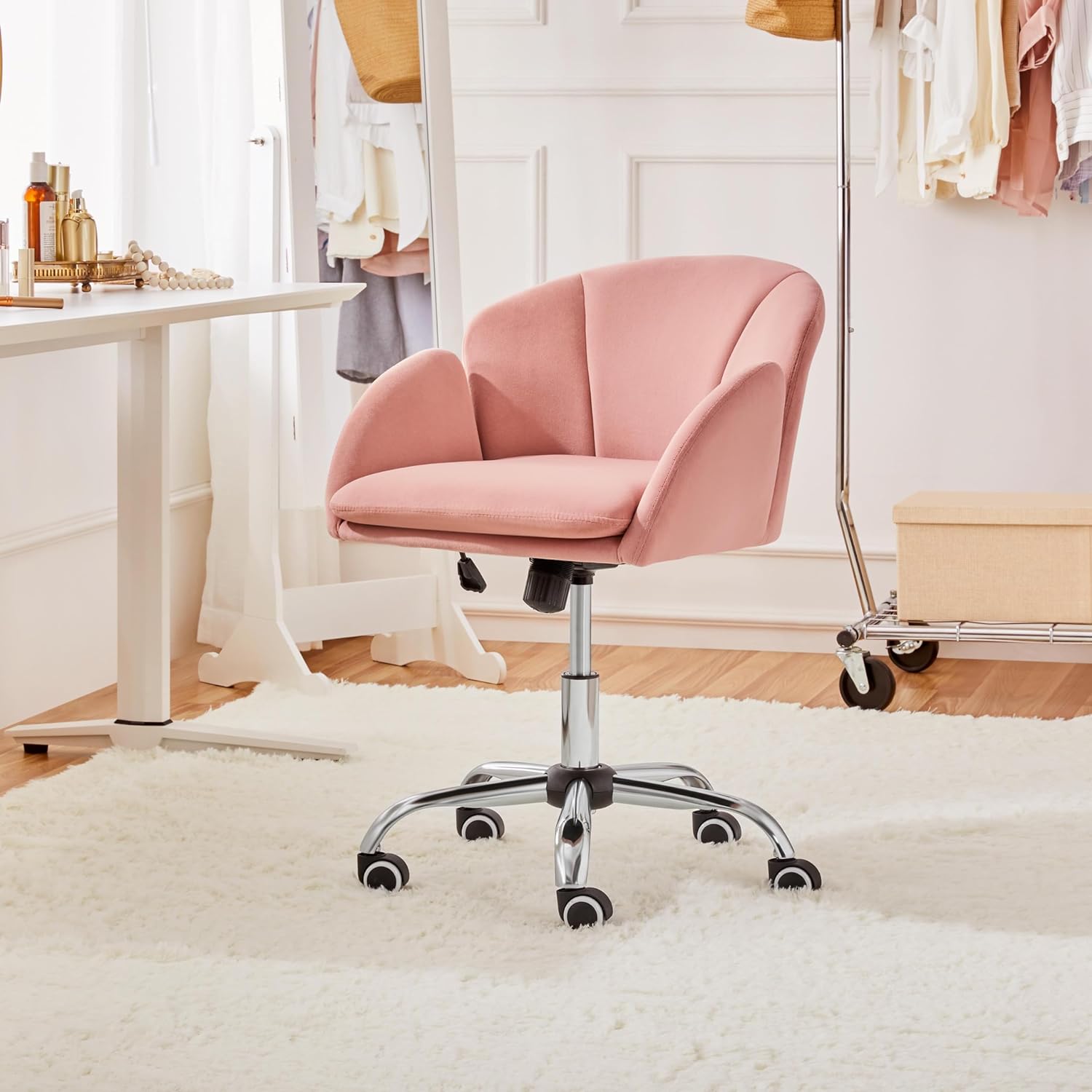 Silla de tocador rosa con respaldo, silla de escritorio de terciopelo para  sala de maquillaje, bonita silla giratoria con ruedas rodantes, silla de