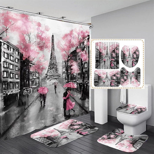 Juego de 4 cortinas de ducha de la Torre Eiffel de París, color rosa, con - VIRTUAL MUEBLES