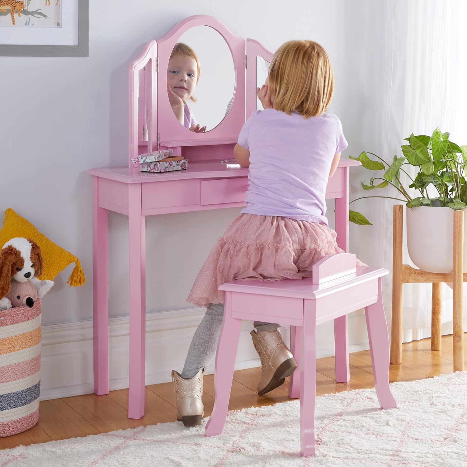 Juego de tocador y taburete rosa para niños de 3 a 8 años, mesa de maq -  VIRTUAL MUEBLES