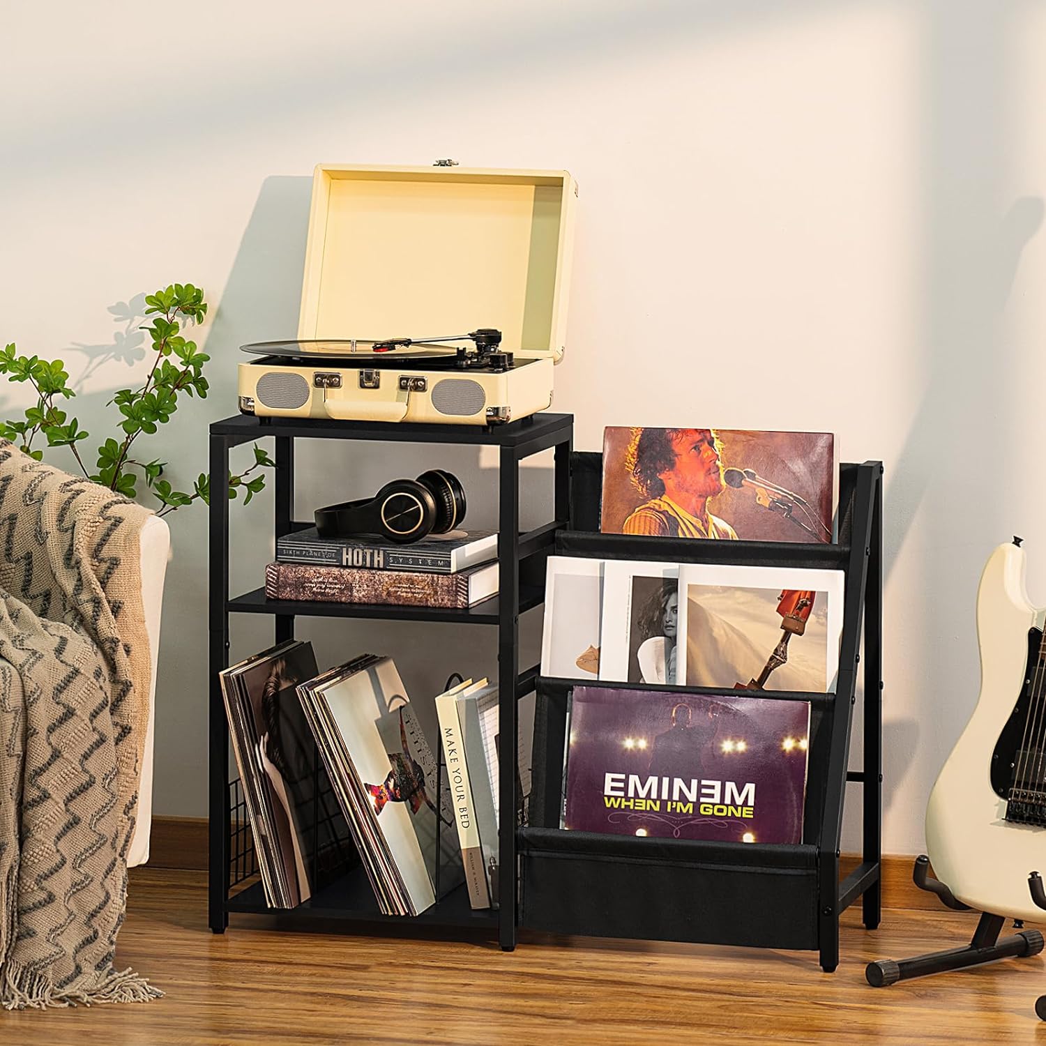  LELELINKY Mesa auxiliar de 3 niveles, soporte para tocadiscos  con almacenamiento de hasta 100 álbumes, soporte giratorio para vinilo,  estante de discos marrón para sala de estar y dormitorio : LELELINKY