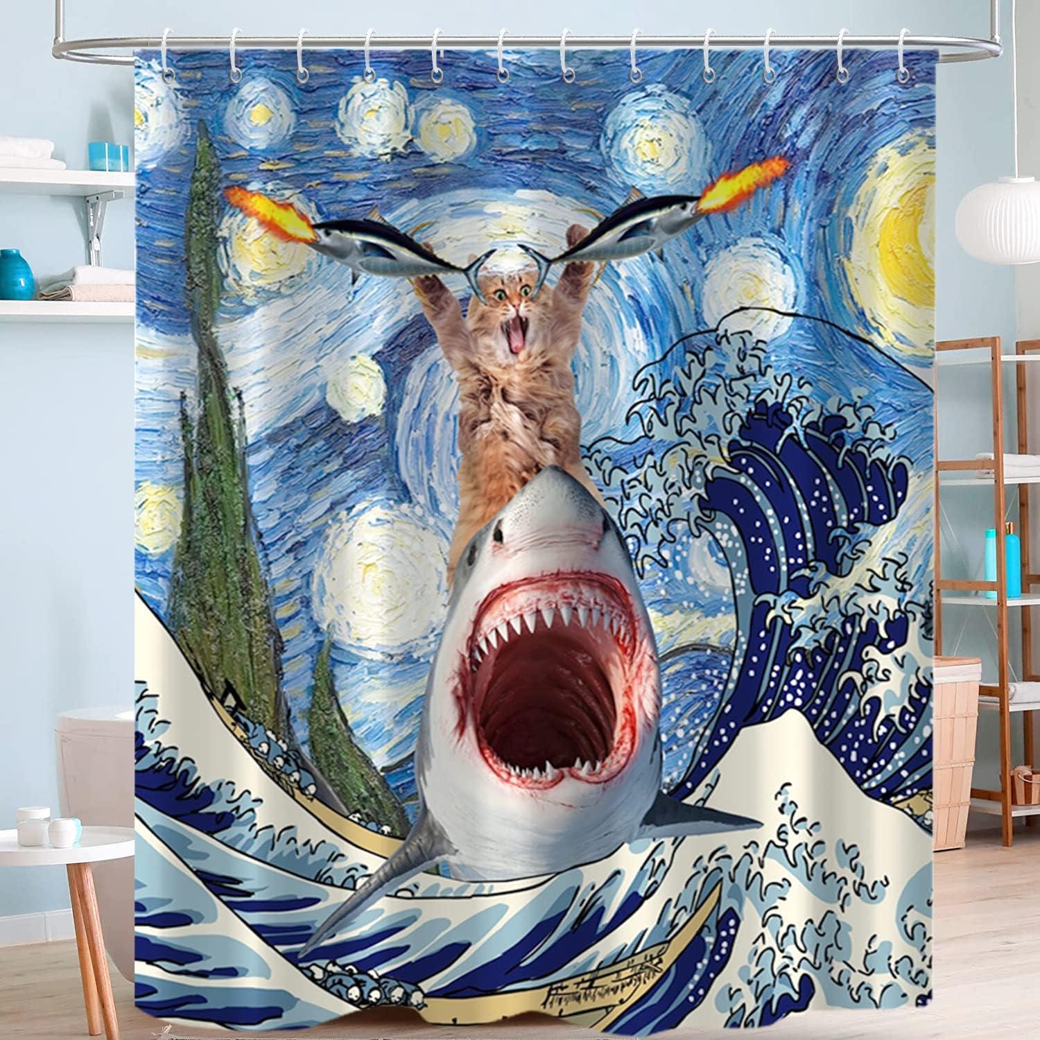 Divertida cortina de ducha con diseño de gato con diseño de tiburón, ondas - VIRTUAL MUEBLES