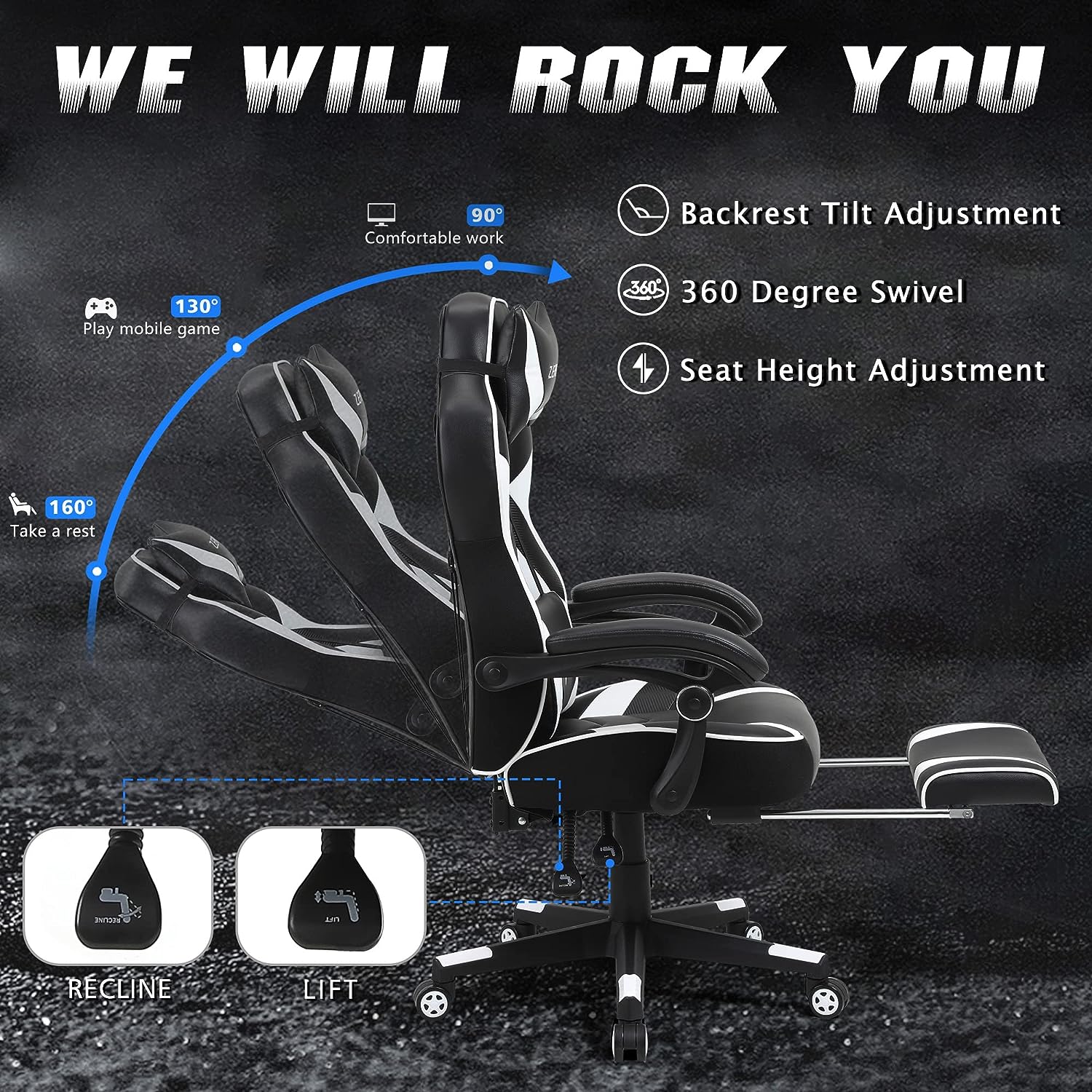 Silla ergonómica para juegos con reposapiés, silla reclinable para computadora