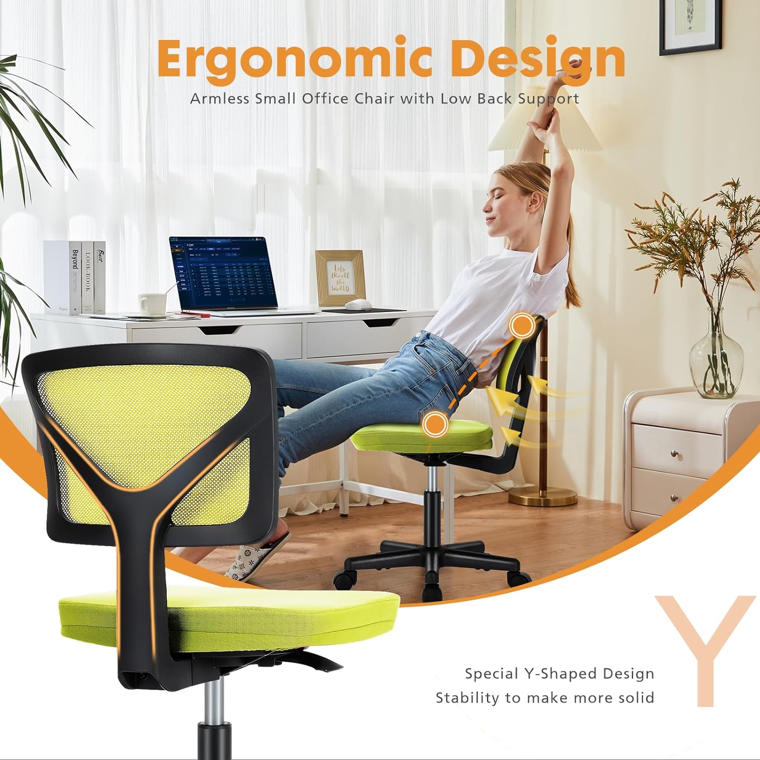 Silla de escritorio sin brazos, pequeña silla de oficina en casa con  ruedas, silla de trabajo con respaldo bajo, altura ajustable, silla  giratoria de