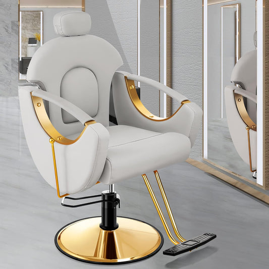 Silla de peluquería reclinable, silla de salón dorada multiusos para estilista,