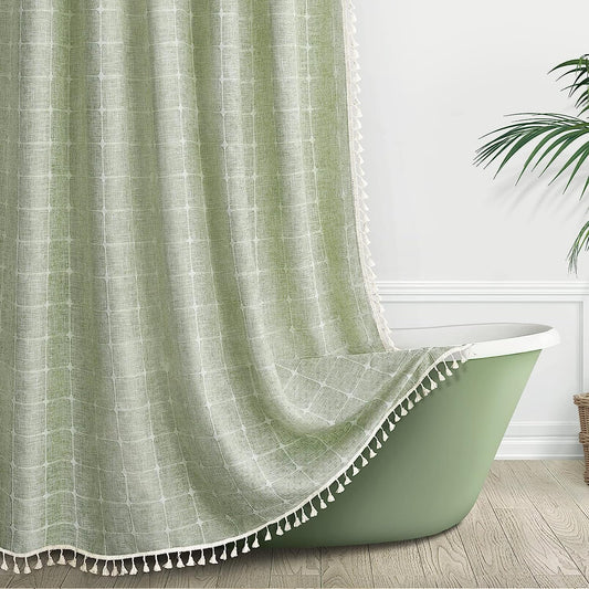 Awellife Cortina de ducha verde salvia para baño, estilo bohemio, granja, de