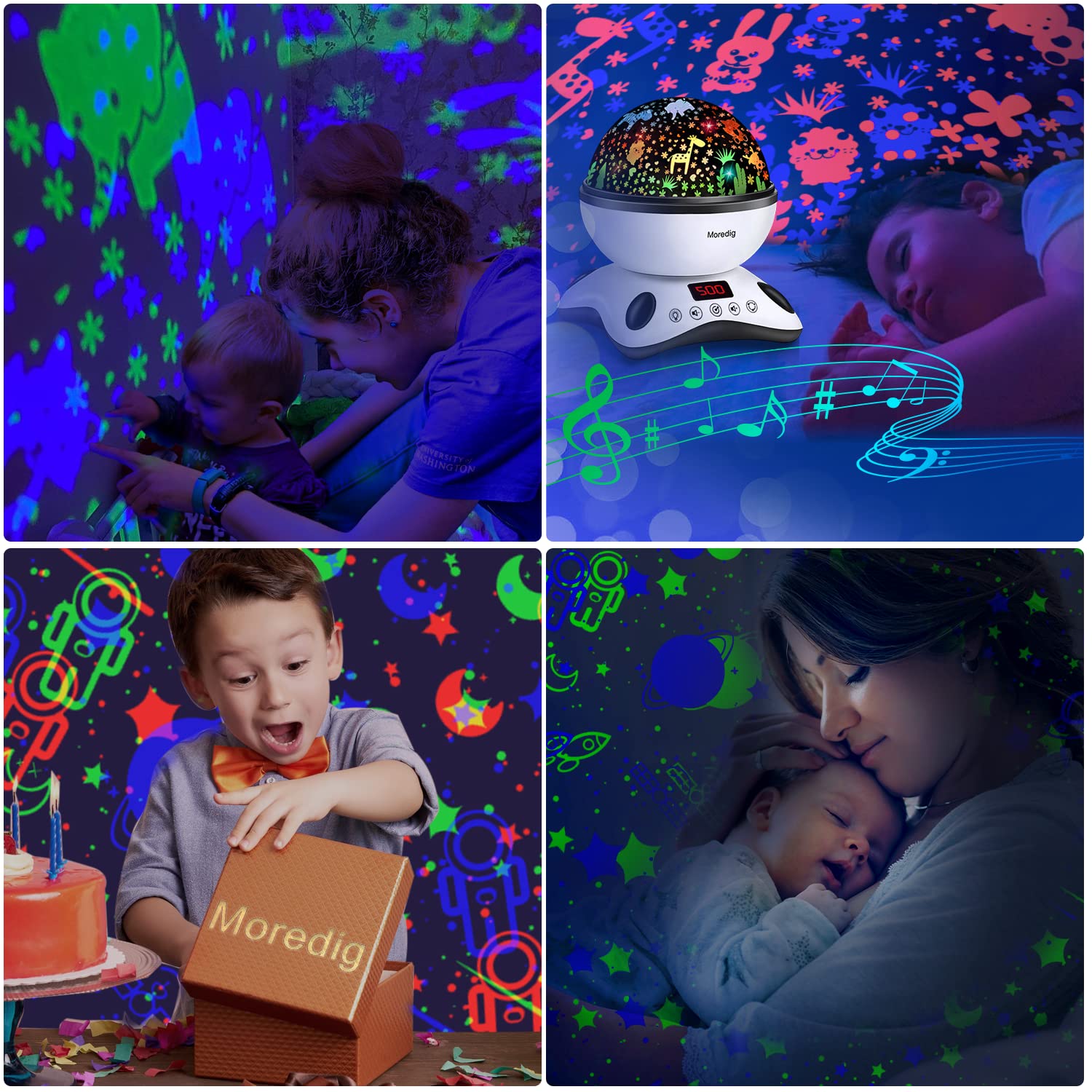 Moredig Proyector Estrellas Bebé, Lámpara Proyector Infantil Luz Nocturna  con Rotación y Música, Función de Temporización y Control Remoto, 8 Modos  Luz de la Noche, Perfecto Regalos para Bebes - Azul 