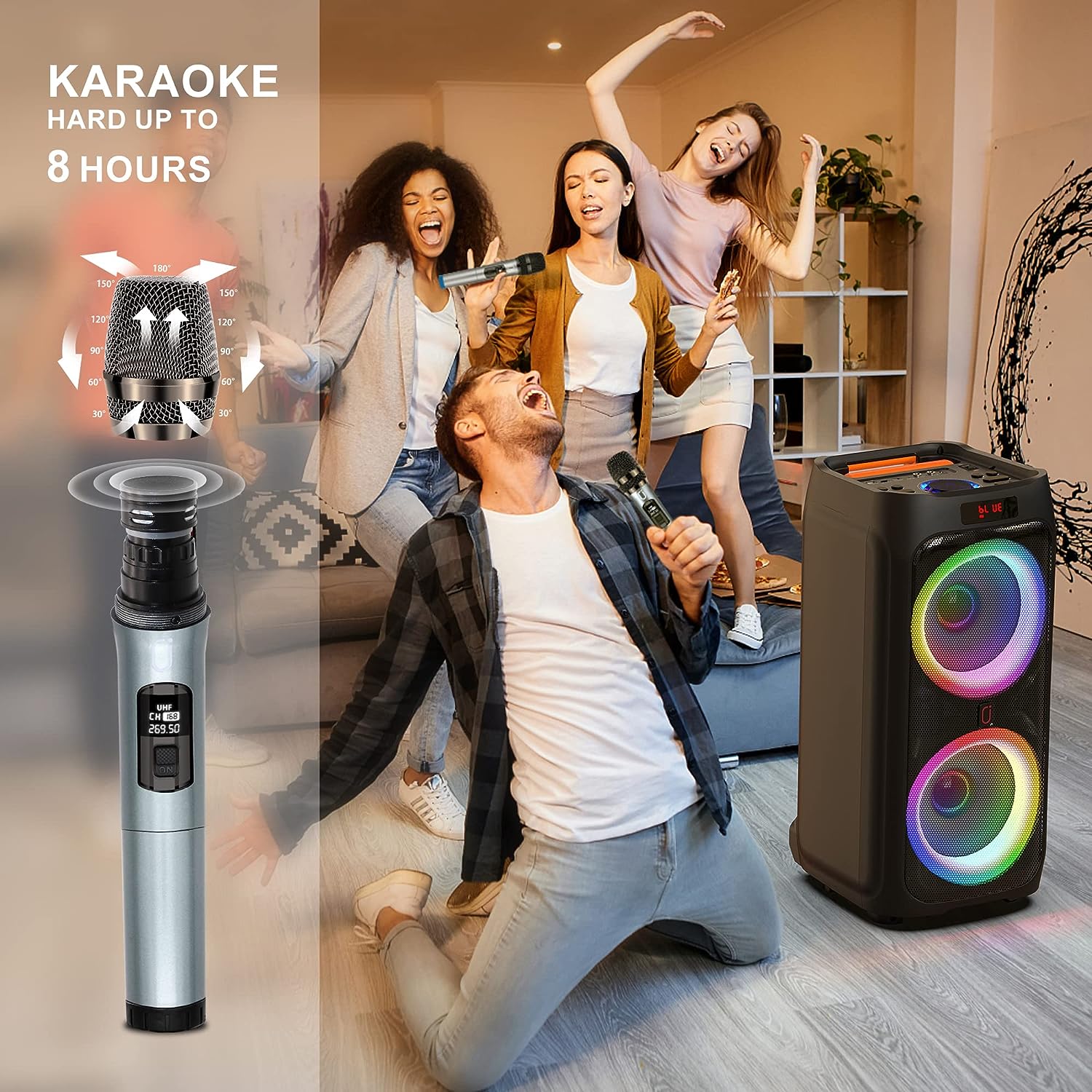 Máquina de karaoke con 2 micrófonos inalámbricos para adultos, altavoz