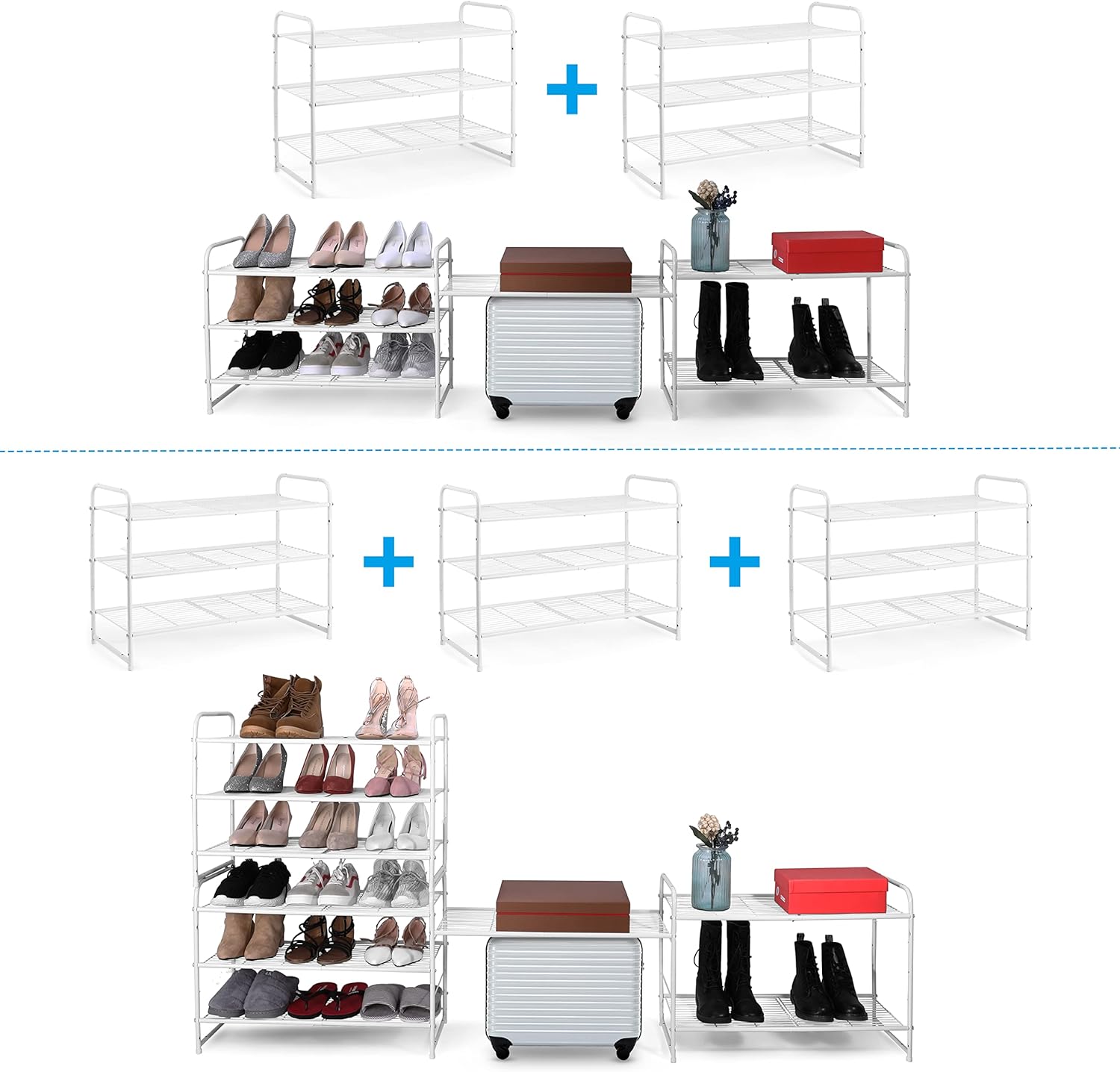 estantería de 3 estantes apilables, zapatero ampliable y ajustable, estante  organizador de almacenamiento, rejilla de alambre