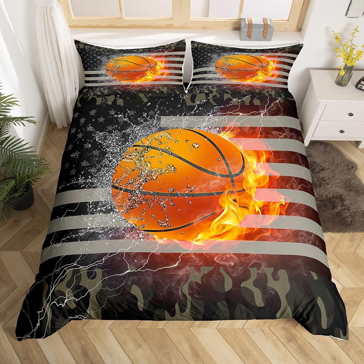 Funda de edredón de baloncesto, juego de ropa de cama de camuflaje tamaño