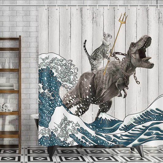 Divertida cortina de ducha con diseño de gato, dinosaurio japonés con ondas - VIRTUAL MUEBLES
