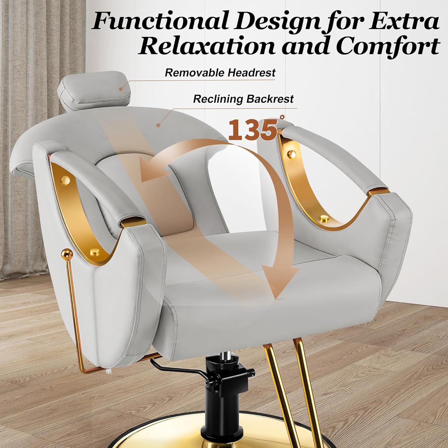 Silla de peluquería reclinable, silla de salón dorada multiusos para estilista,