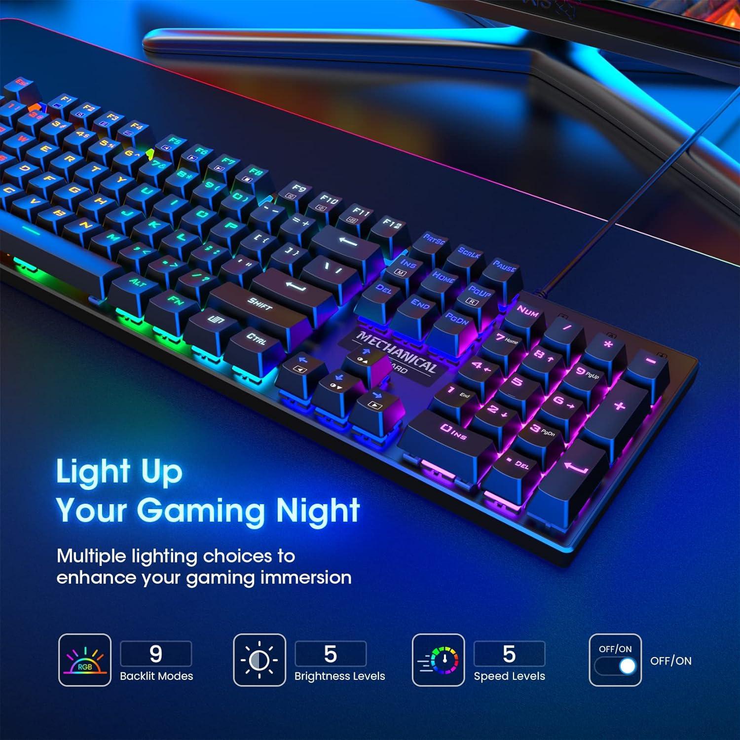 Teclado mecánico para juegos, RGB de 104 teclas ultra delgado arco iris